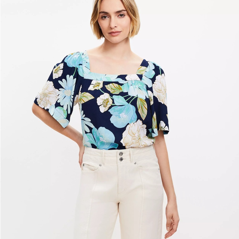 LOFT Navy Blue Floral Blouse NWT